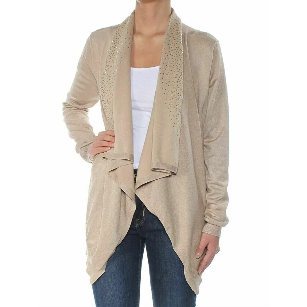 DKNY Embellished Long Sleeves Cardigan Sweater Womens  XS/S Open Front Beige NWD